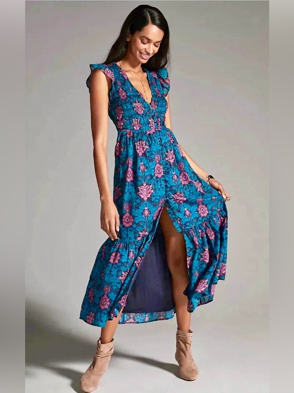 Anthropologie Peregrine Teal Pink Floral Smocked Button Tiered Midi Dress XS